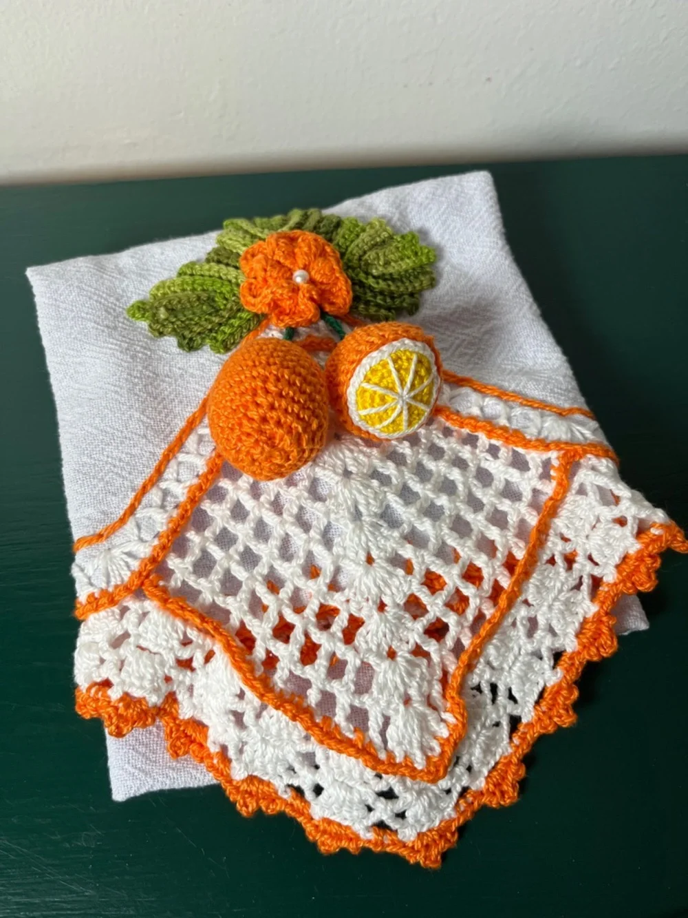 Handcrafted Linen Cotton Embroidered 3D Amigurumi Orange Fruit Kitchen Tea Towel